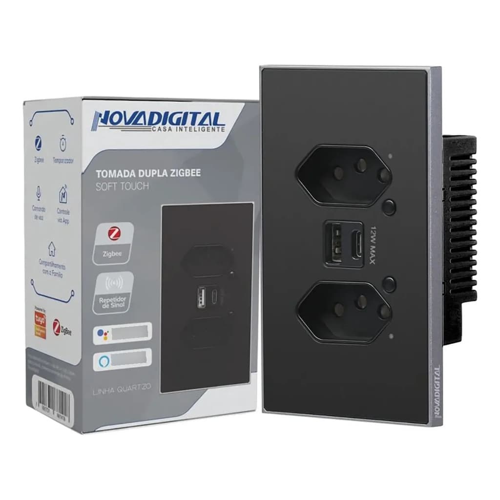 Tomada Inteligente Zigbee Novadigital Dupla Usb 10a Quartzo Preto QZ-S2-B