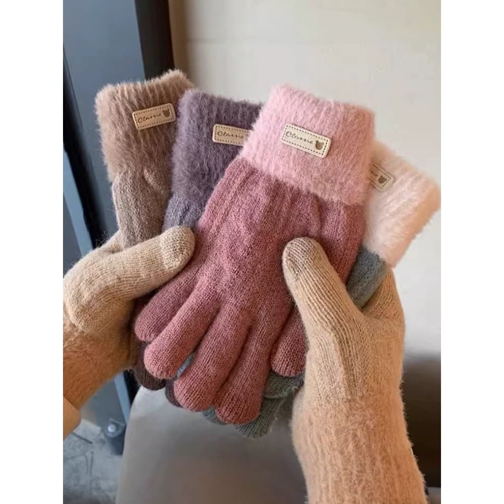 Outono inverno cor-bloqueando luvas de malha velo engrossado dupla camada quente ciclismo pelúcia toque Scre