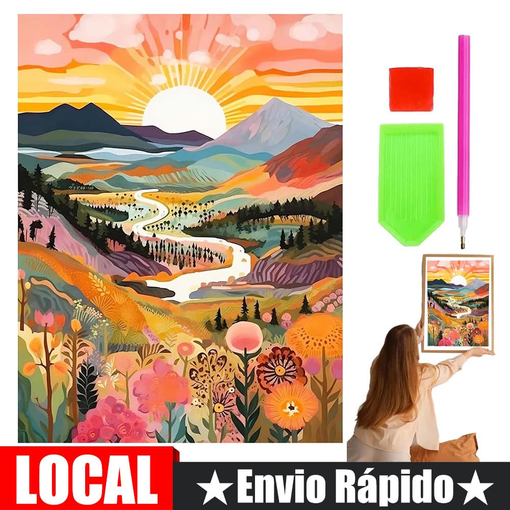 Kit de pintura com diamantes DIY Mountain and River Dawn 40 x 30 cm
