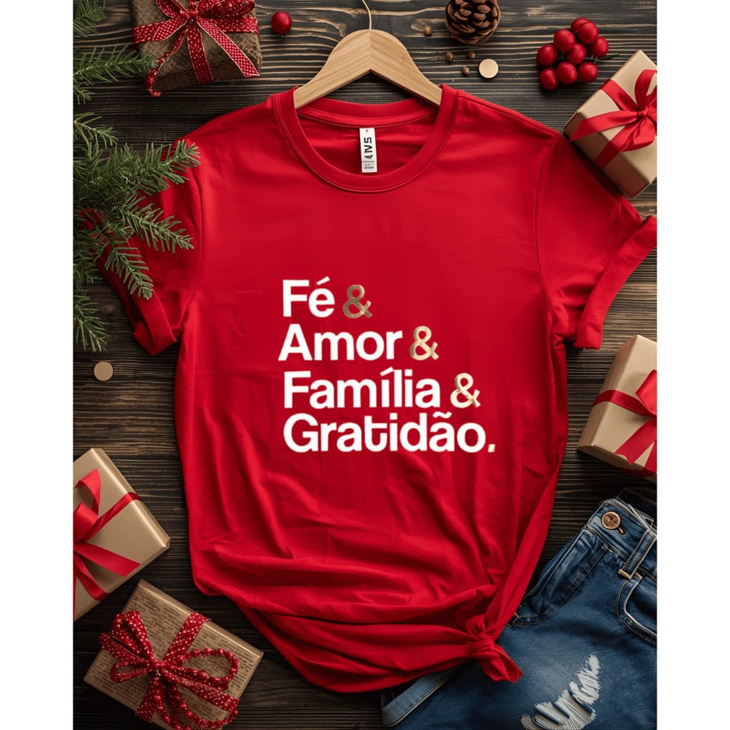 Camiseta Camisa Estampada Feliz Natal Unissex Blusa Fé Amor Familia e Gratidão Rita Modas