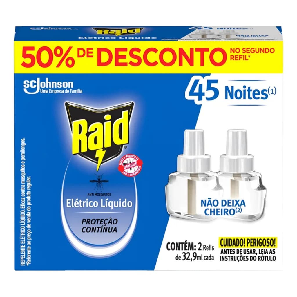 Repelente Eletrico Líquido Raid 45 Noites 2 Refis de 32,9ml