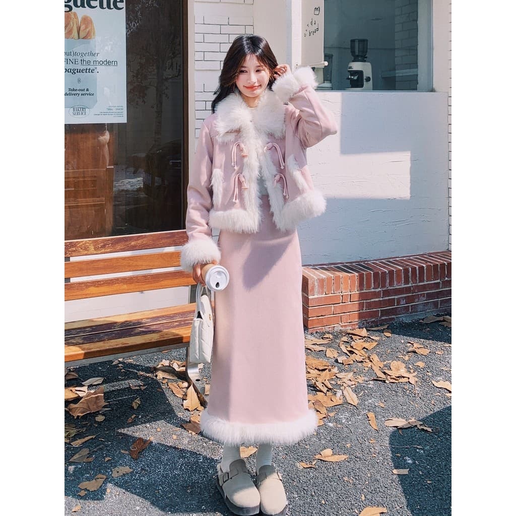 Rosa camurça costura jaqueta de pelúcia terno de duas peças feminino inverno 2025 novo estilo estilo coreano saia de cin