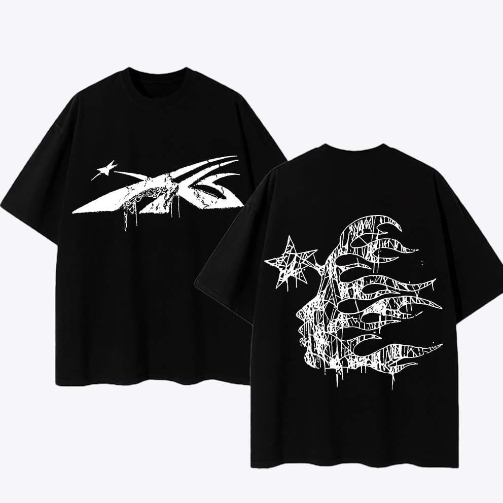 Camiseta Unissex Oversized Plus Size Feminina Masculina , Estampa “HELLSTAR”  Silhueta de Fogo, Streetwear
