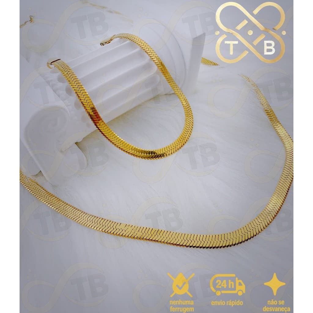 TB  Feminina Kit Conjunto  Aço Inox Colar Laminado e Pulseira Folheados Banhada a Ouro 18k