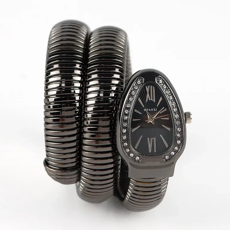 Relógio Cobra Feminino Cravejado Bracelete Ajustável Inox Luxo Rosé Prateado Dourado Refinado