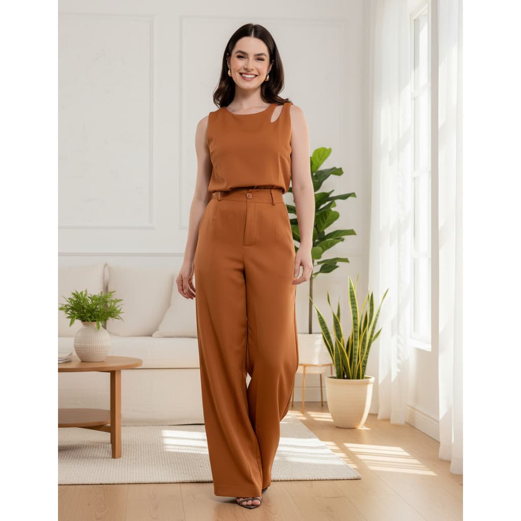 Conjunto Feminino Blusa Decote Gota e Calça Pantalona Alfaiataria Social Elegante Wide Leg con-058
