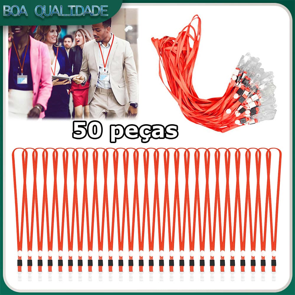 50x Cordões Porta Crachá Cordão vermelho para identificação com clipe Adequado para cartões de identificação crachás