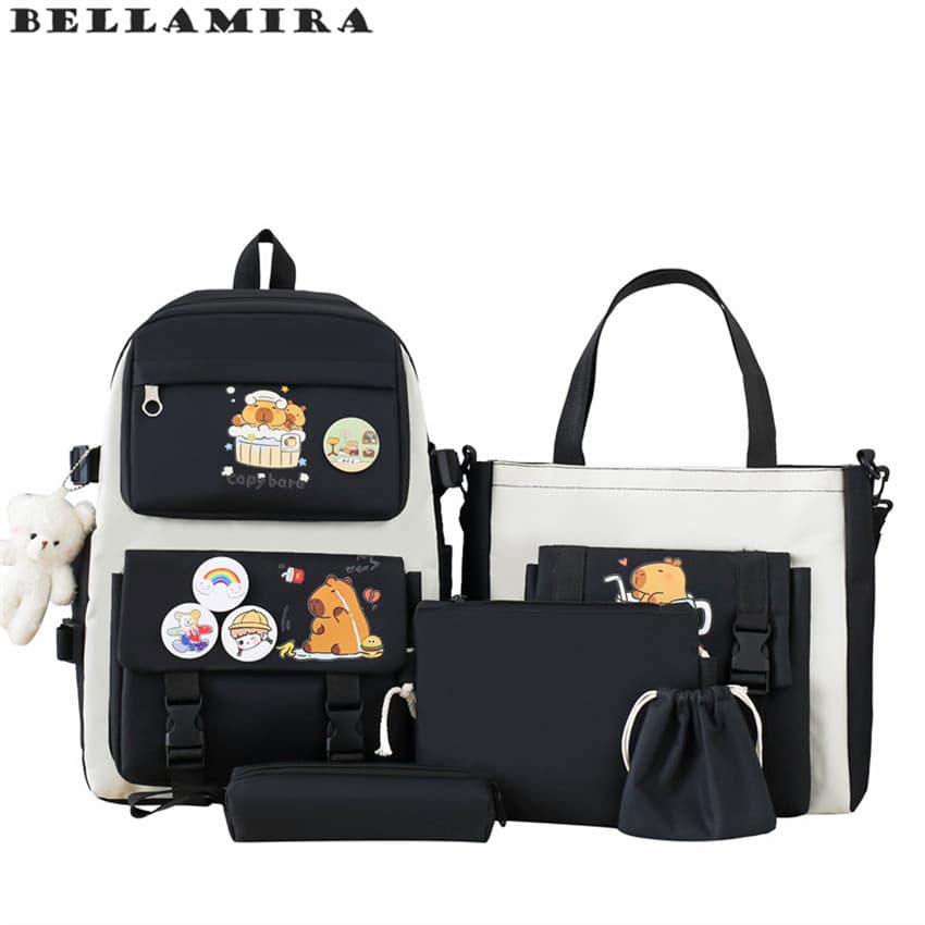 Capivara Kit 5 Bolsas Mochila Unissex De Nylon Impermeável Estilo Coreano Grande Capacidade Ideal Para O Dia A Dia
