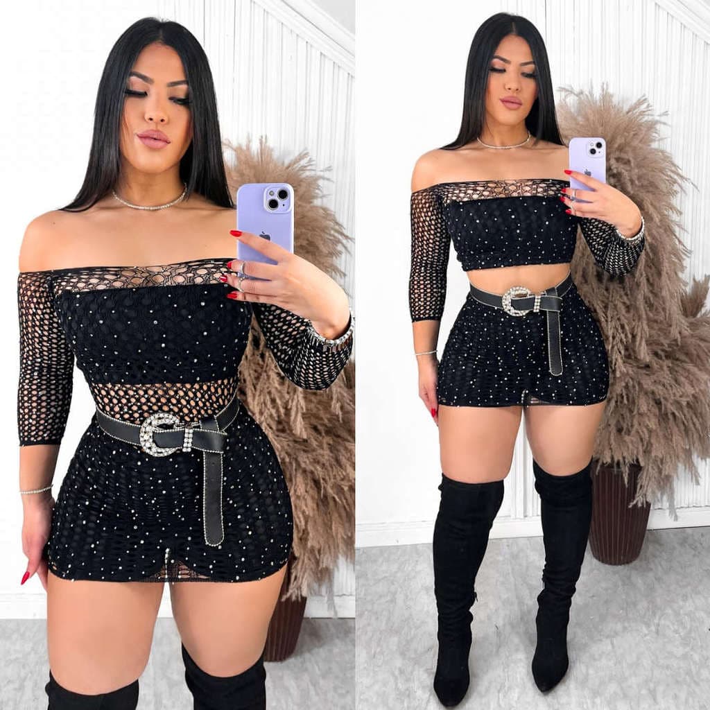 Conjunto Feminino Pedraria Strass Cropped Faixa Shorts Saia Moda Balada