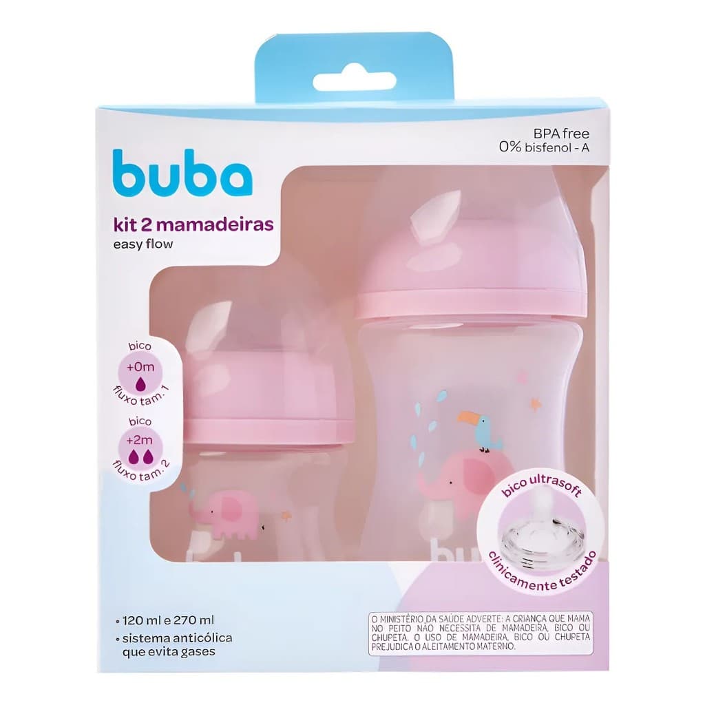Buba Kit 2 Mamadeiras Easy Flow Elefante Rosa 120ml e 270ml