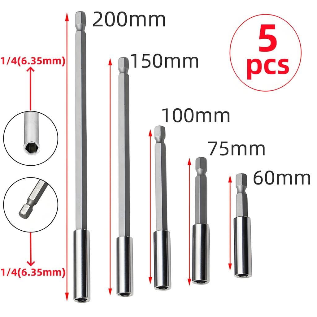 Um conjunto de 5 suportes magnéticos/hastes de extensão, Material de aço cromo vanádio, 60/75/100/150/200mm, Interface d