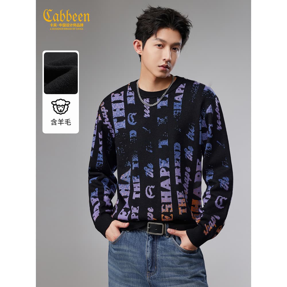 [Letra Jacquard] Malhas Térmicas de Lã Carbin Masculino Outono Novo Estilo Suéter de Manga Comprida