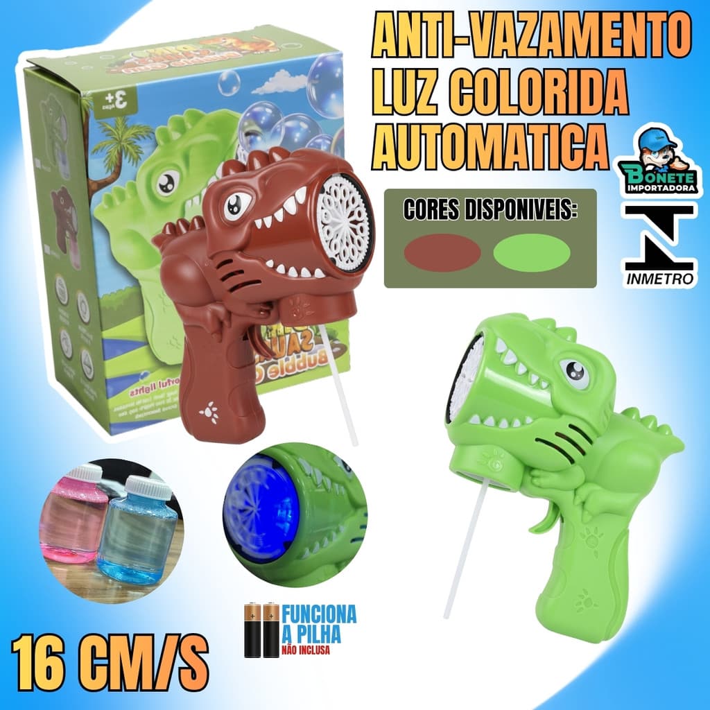 Pistola de Bolhas Dinossauro 16cm Anti Vazamento Luz Colorida Automática Infantil