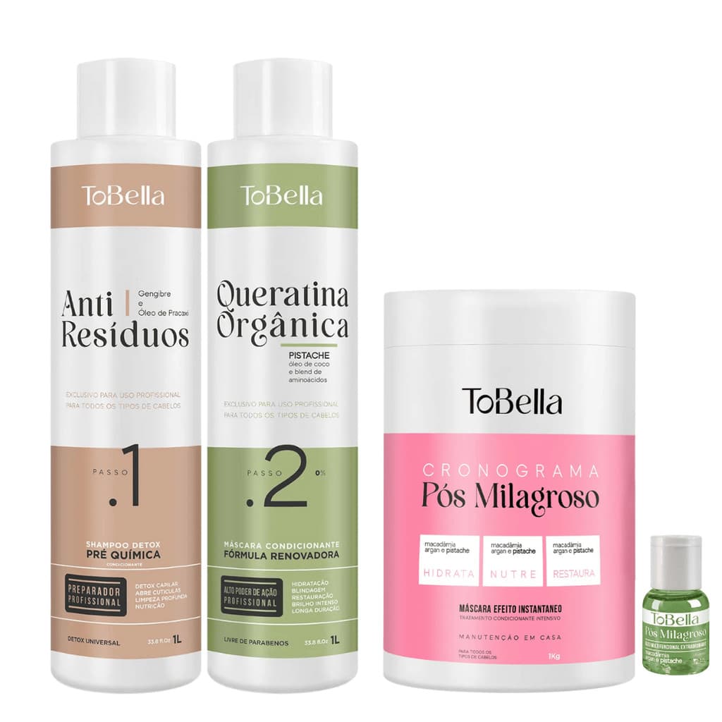 Kit Profissional ToBella | Escova Progressiva Queratina Organica + Mascara Pós Milagroso 2x1l + 1kg