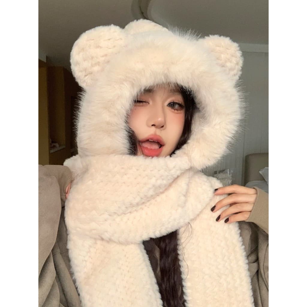 Urso chapéu de pelúcia cachecol de uma peça feminino inverno bonito outono inverno conjunto de três peças inverno quente