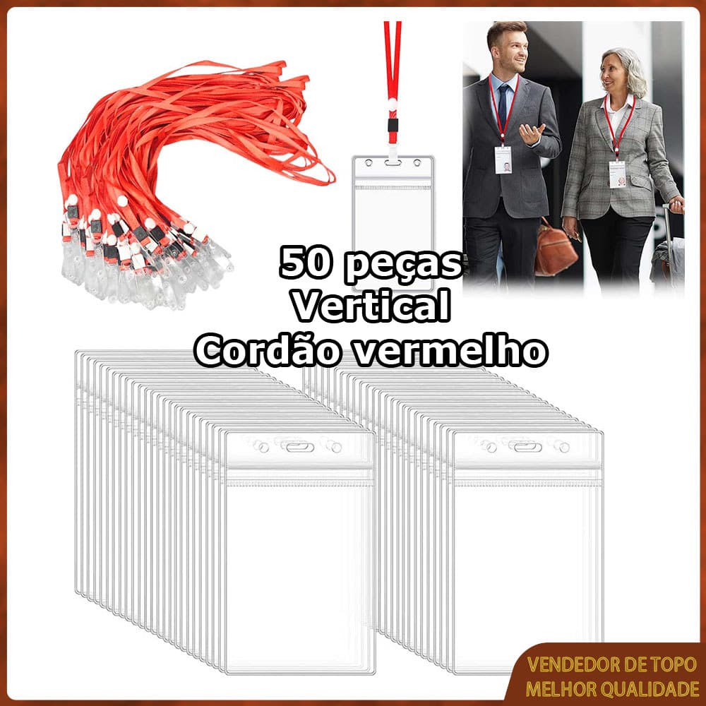 50 peças Porta-cartão de identificação + cordão vermelho Porta-crachá vertical transparente,Cordões Porta Crachá
