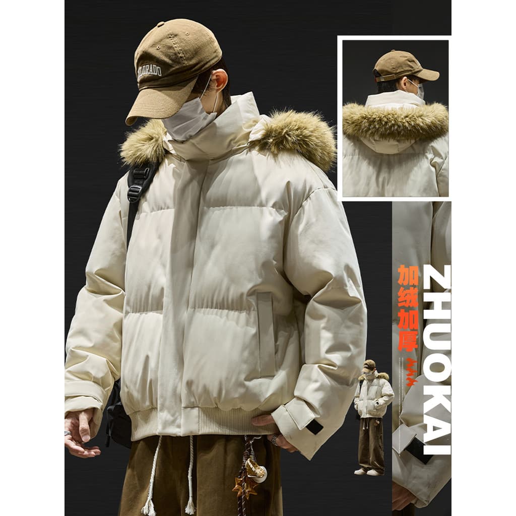 Roupas masculinas acolchoadas de algodão da indústria pesada Vintage outono inverno gola de pele com capuz à prova de fr