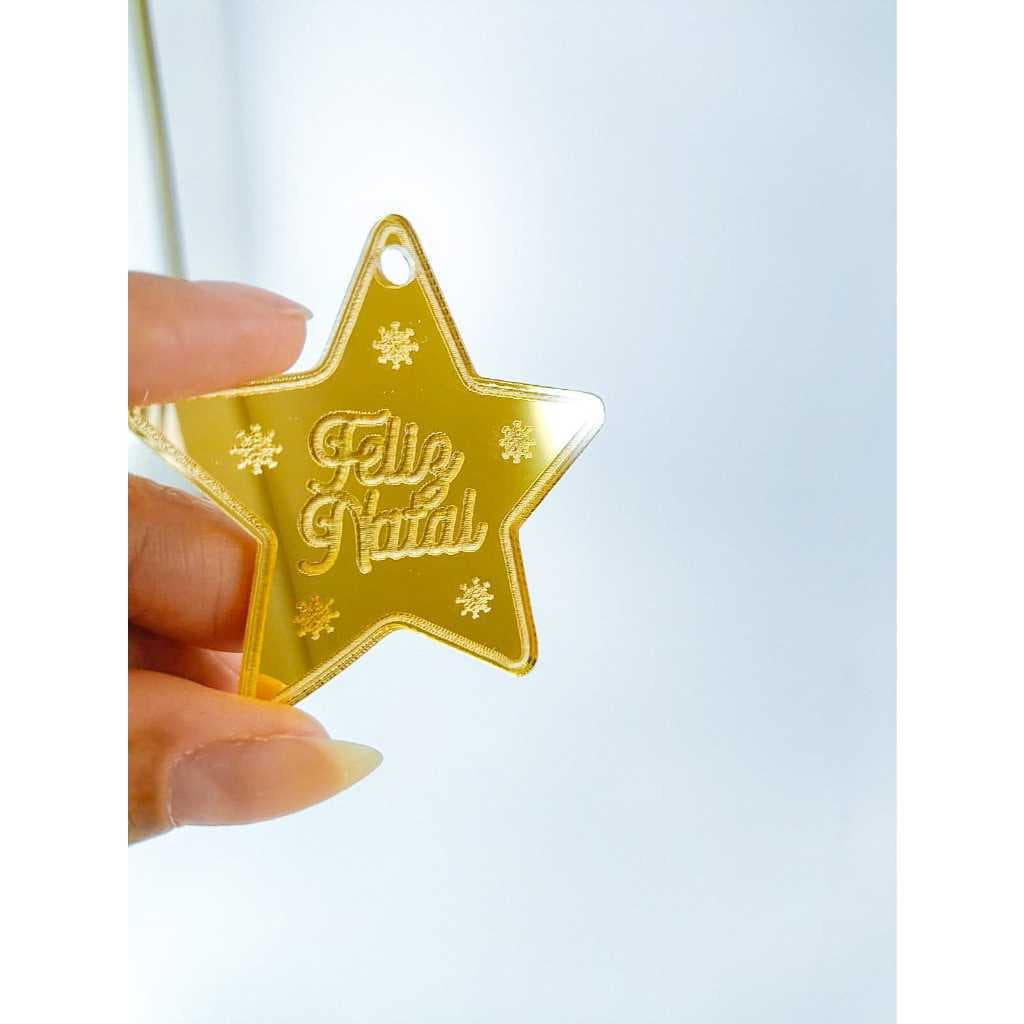 Kit de tags Feliz Natal estrela para panetone/chocotone e presentes em acrilico espelhado