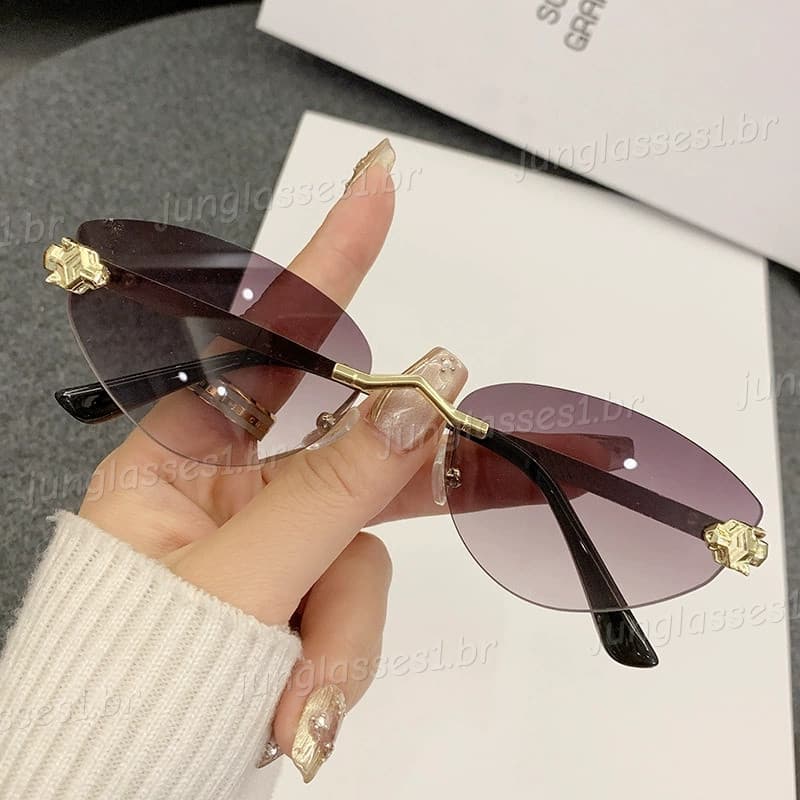Europa América Triangular Olho De Gato Óculos De Sol Sem Moldura Para Mulheres Moda Lentes Gradientes De Metal Resistent