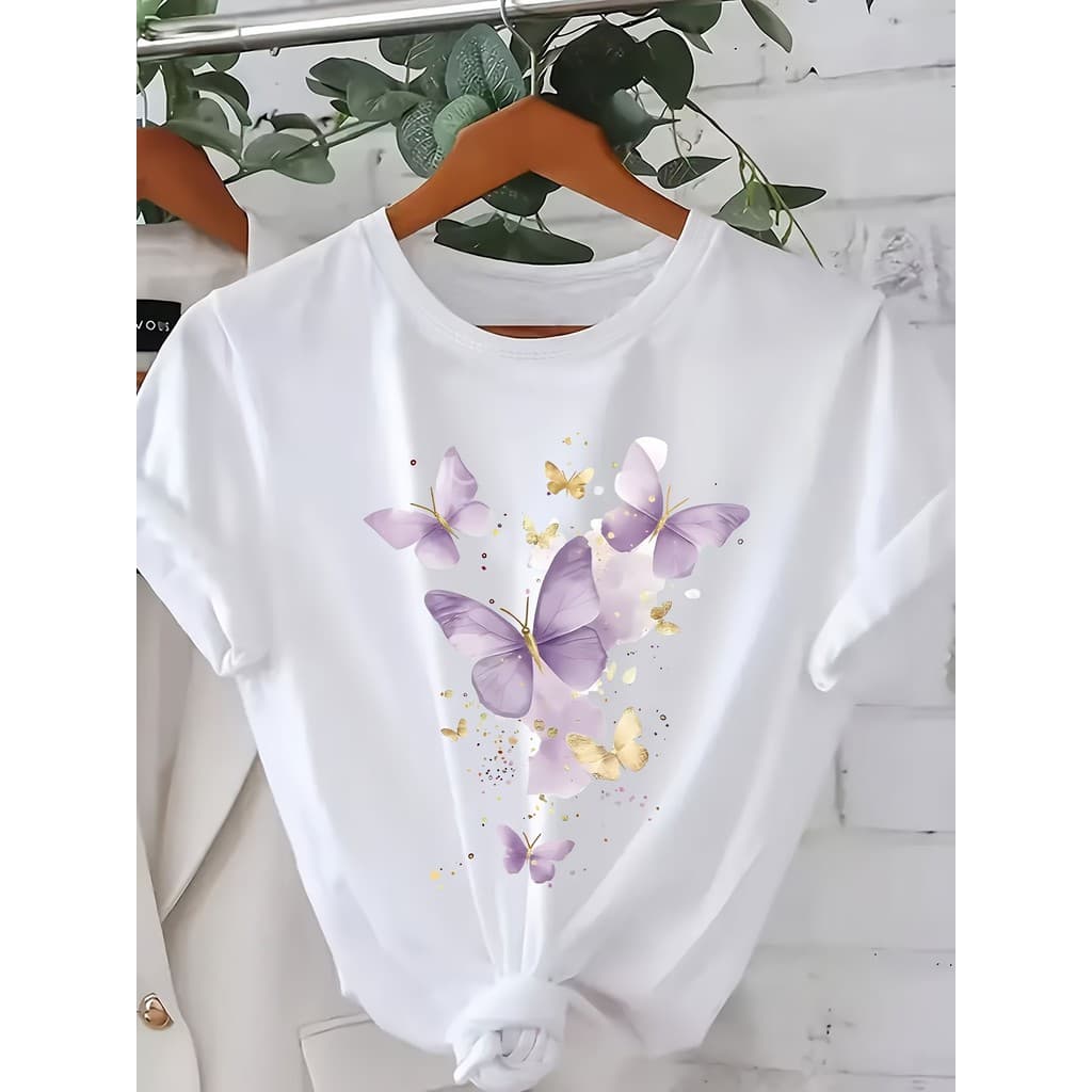 Camiseta Feminina Moderna De Algodão Puro Com Modelagem Solta E Estampa De Borboletas Roxas