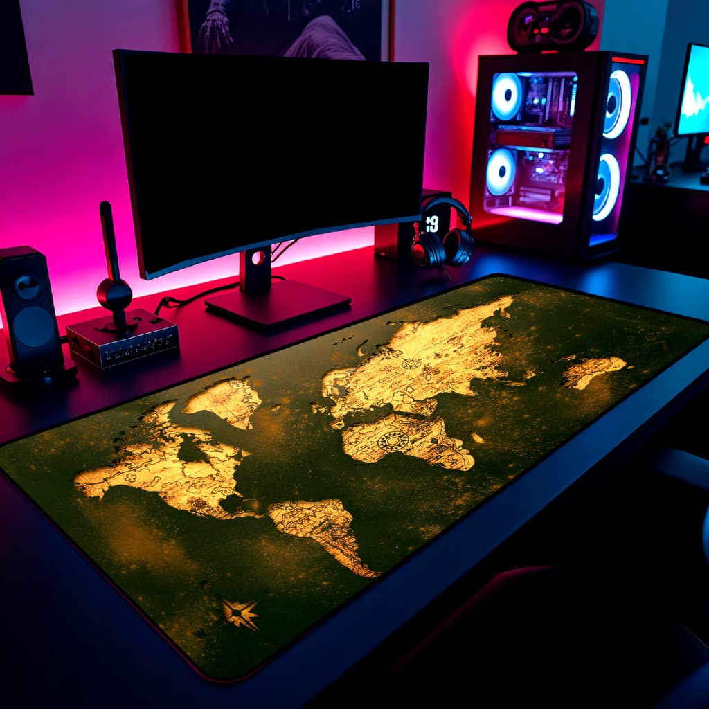 Mouse Pad Gamer Mapa Mundi Gold 65x30cm / 80x40cm / 90x50cm / 120x60cm / Borda Costurada
