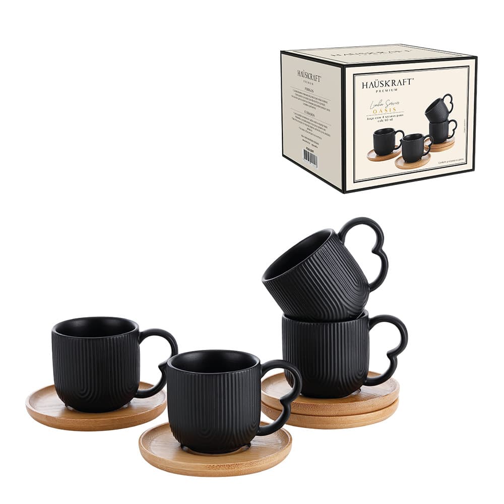 JOGO 4 XICARAS CAFE PIRES DE BAMBU OASIS PRETO 90ML HAUSKRAFT