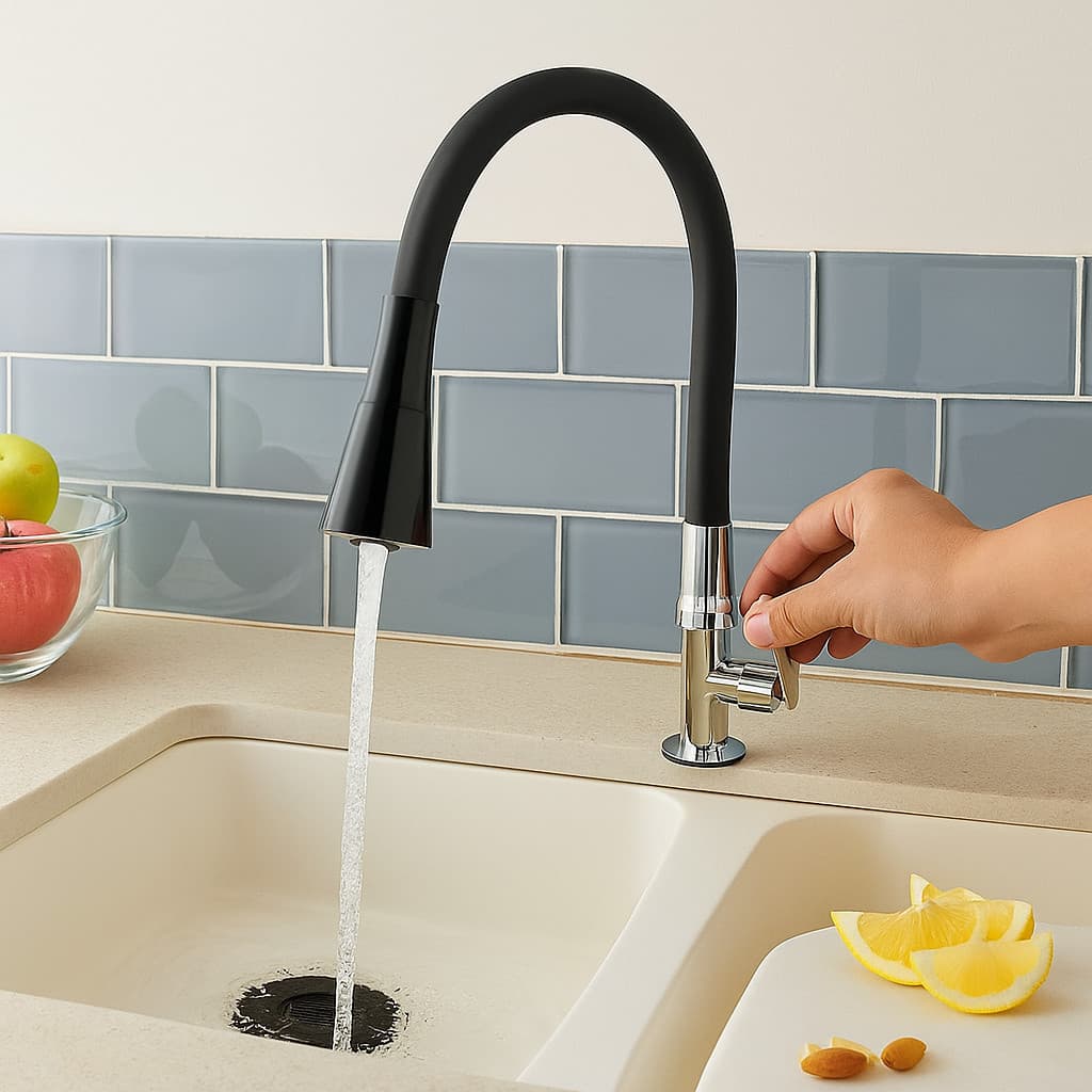Torneira De Mesa Silicone Ducha Cozinha Flexível Jato Ajustável Cromada Durável Inox Giratória