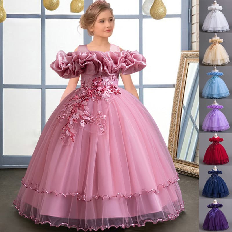 42741MQATZ Vestido Longo Floral para Meninas Adolescentes Dama de Honra Casamento Elegante Vestidos de Princesa Ombro De