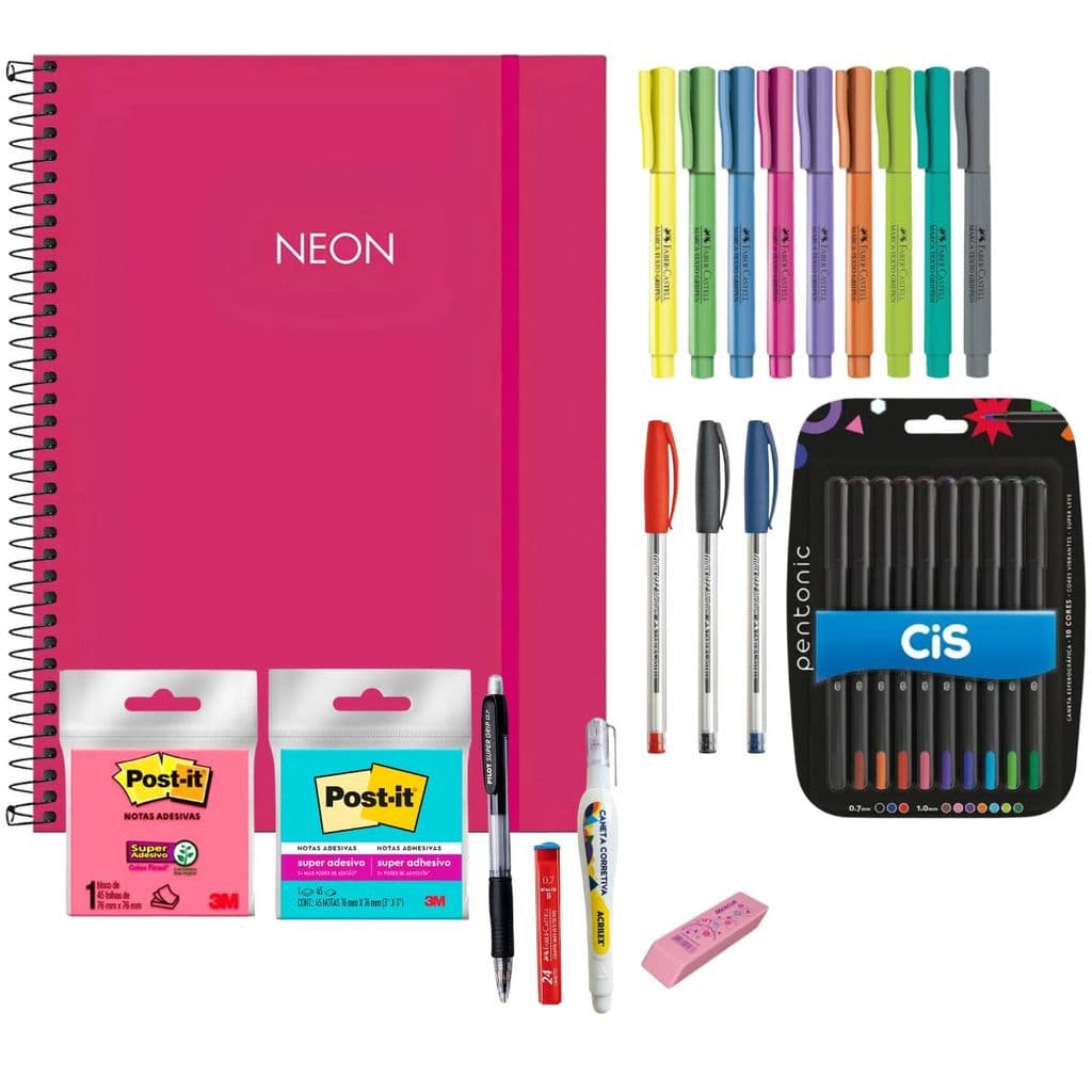 KIT CADERNO 80FLS NEON PINK + 9 CORES GRIFPEN + BLOCO POST IT+ ITENS DE ESCRITA + BORRACHA + ERROREX
