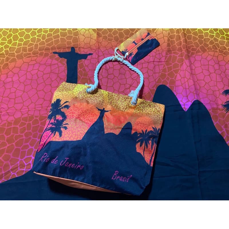 Bolsa de Praia tecido Poliéster Cristo Redentor Fundo Laranja Rio de Janeiro