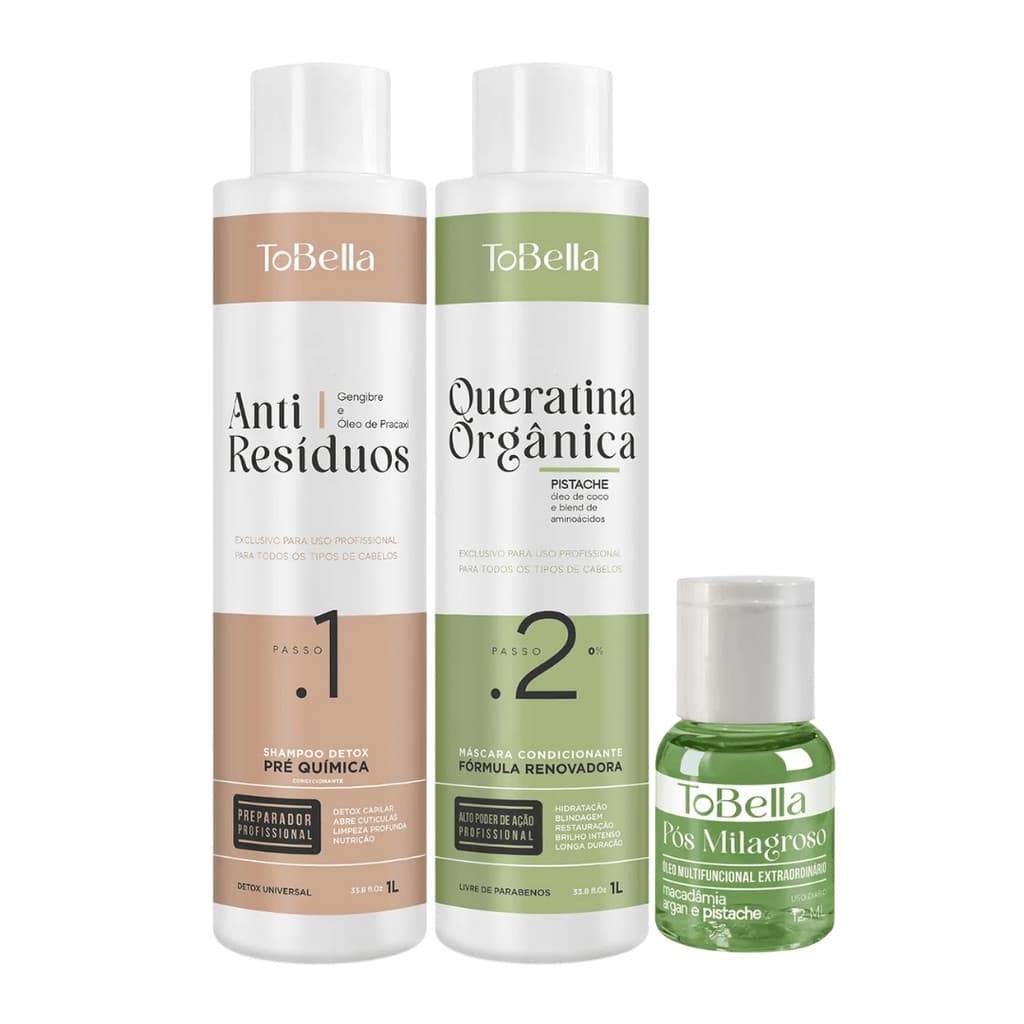 Kit Escova Progressiva | Queratina Organica Tobella Selagem de Pistache Máscara + Shampoo - 2x1l