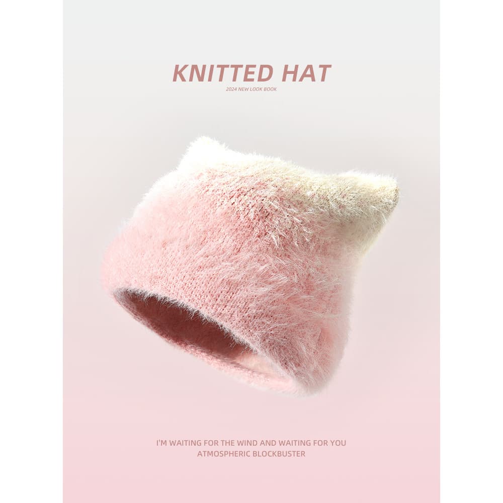 Chapéu de orelha de gato rosa feminino outono inverno bonito chapéu de lã de pelúcia circunferência da cabeça grande pro