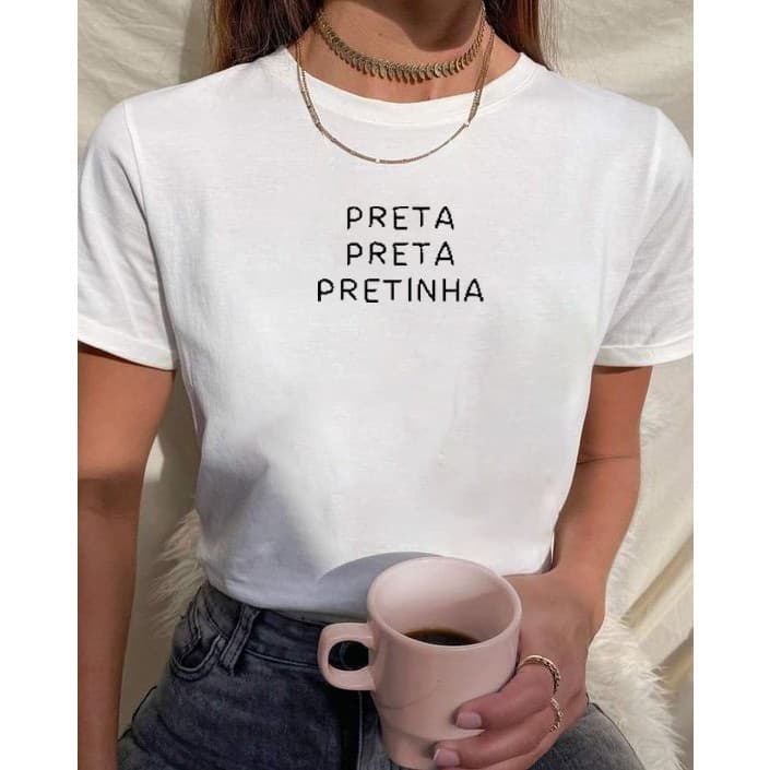 Camiseta Preta Pretinha Estampada Várias Cores 100% Algodão Rita Modas