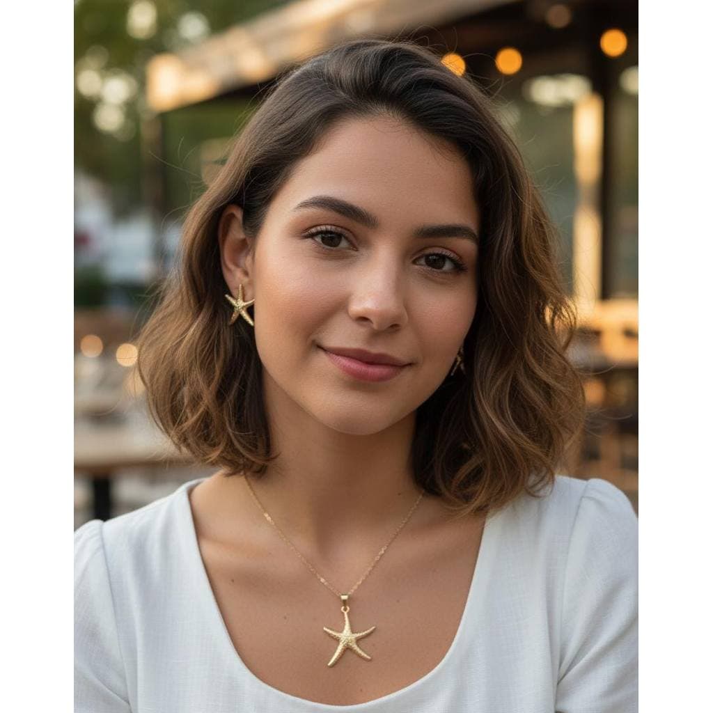 Conjunto Colar e Brinco Estrela do Mar Folheado Biju