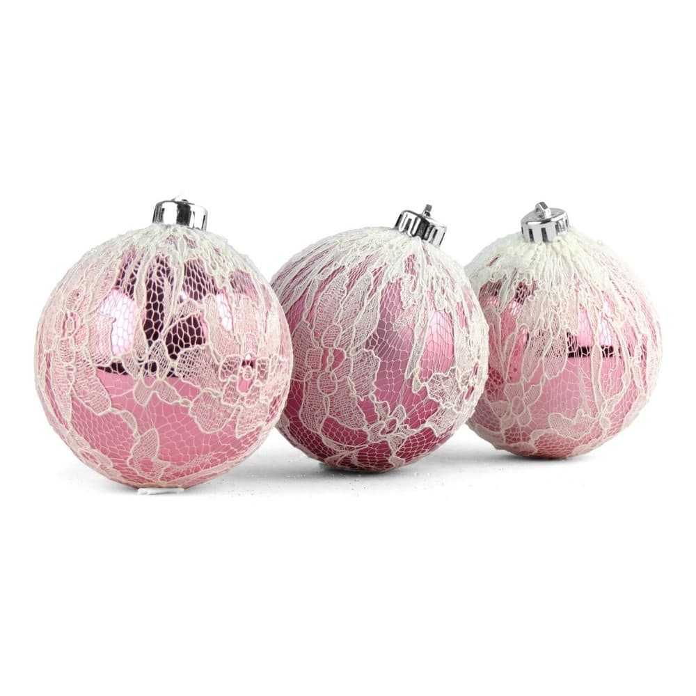 Kit 6 Bolas Para Arvore De Natal Rosa Branco Renda 8cm