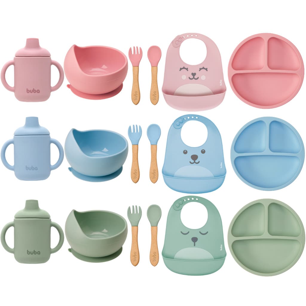 Kit Introdução Alimentar Silicone Buba Prato e Bowl Ventosa + Kit Talher + Babador + Copo 120ml