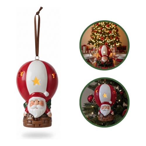 Enfeite Balão Cerâmica Papai Noel Decoração Árvore Natal Led Vermelho Balão Papai Noel