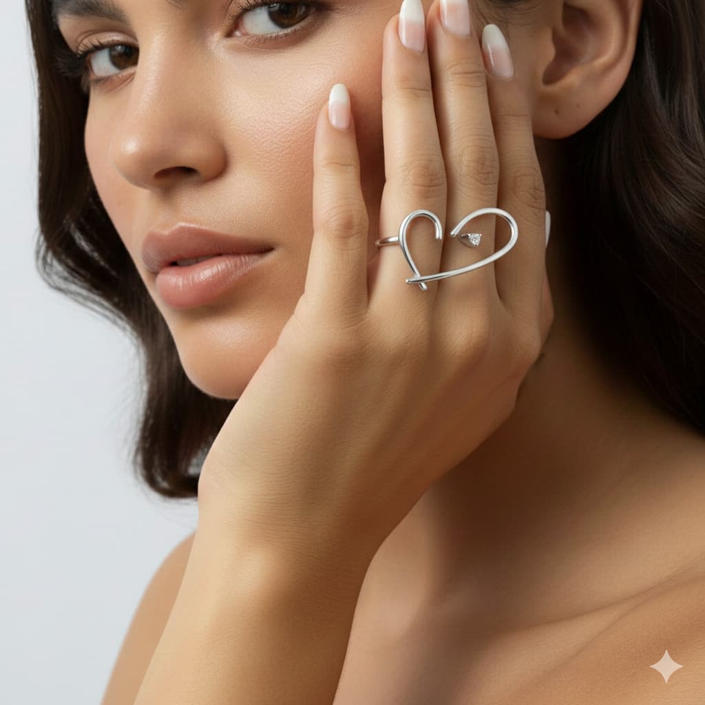 Anel Feminino Coração Duplo Dedo Banhado Ouro 18K Ajustável | Maxi Anel Moderno Vazado Heart Romântico