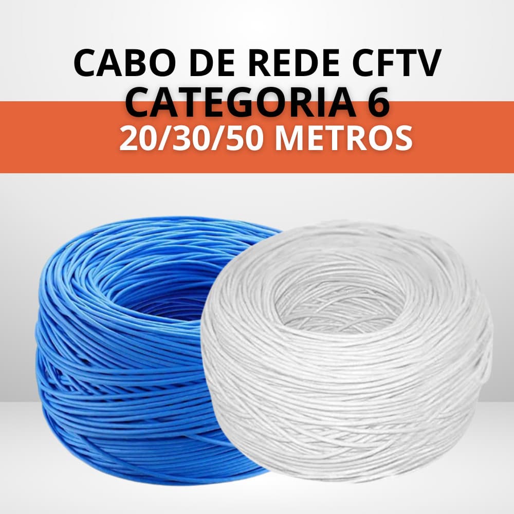 Cabo de Rede Cat6 20/30/50 Metros para CFTV Câmera de Segurança 24AWG Azul e Branco