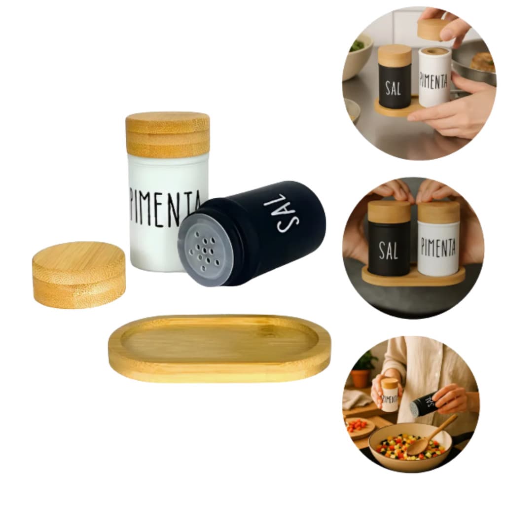 Saleiro E Pimenteiro Vidro Base Tampa Bambu 90ml Doha 3 Pçs
