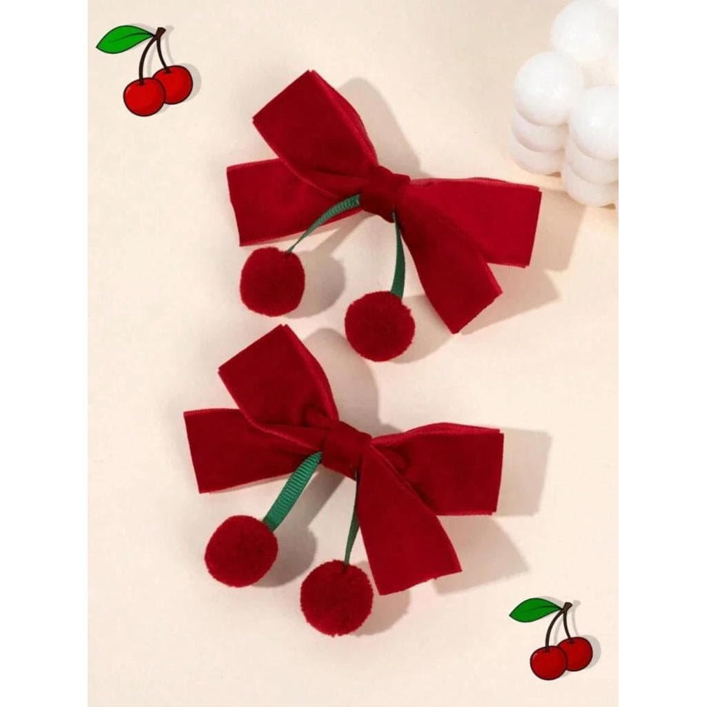 2 Peças Laços de Cabelo em Forma de Cereja em Veludo Vermelho para Meninas