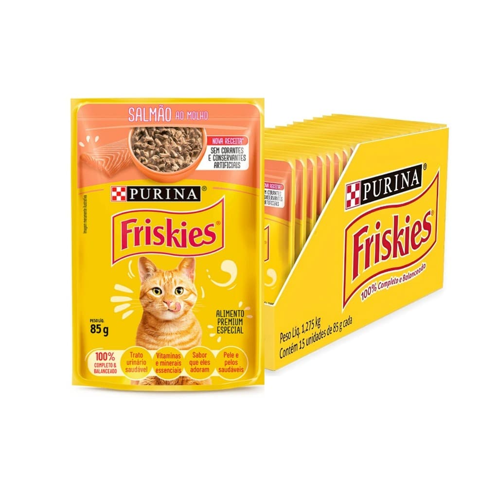 Kit 15 Ração Úmida Purina Friskies Sachê para Gatos Adultos sabor Salmão ao Molho 85g