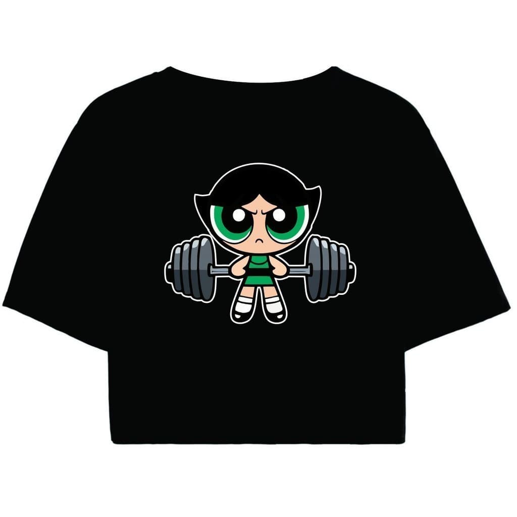 Camiseta Cropped Feminino Preto Academia malhação fitness gym docinho as meninas super poderosas