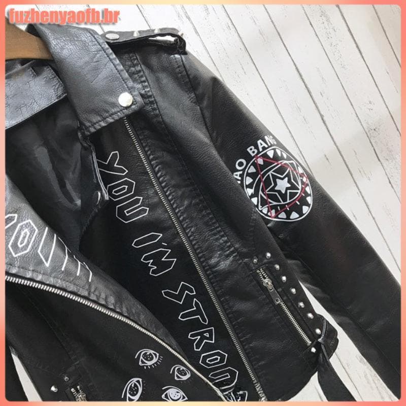 New Outono Mulheres Jaqueta De Couro Falso Feminino Rebites Letras Imprimir Motociclista Casaco Curto Das Do Punk Outwe