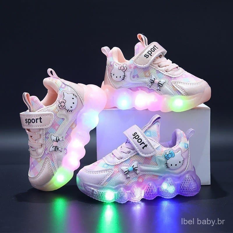 Cartoon Hello Kitty Calçados Esportivos Infantis Malha Respirável Sapatos Luminosos