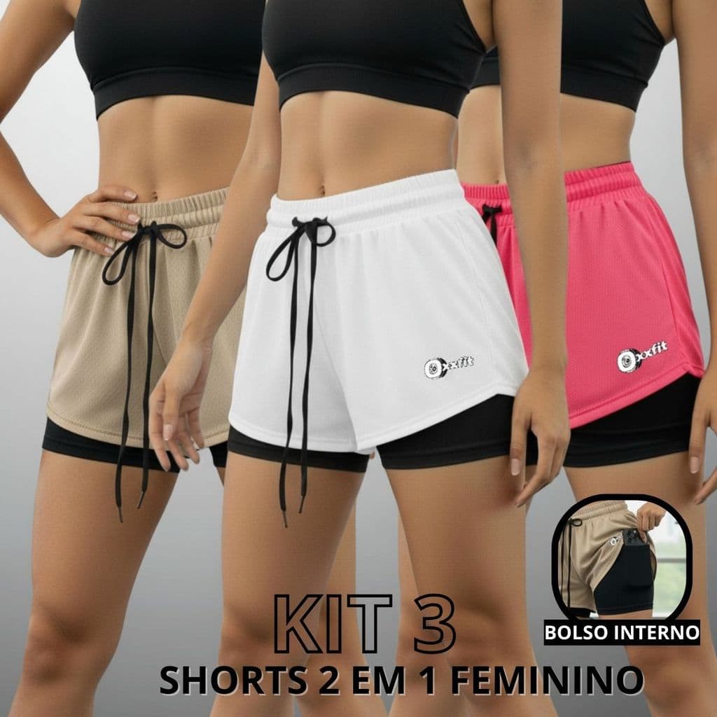 Kit 3 Shorts 2 Em 1 Feminino Esportivo Dry Fit Com Forro Compressão Bolso Interno