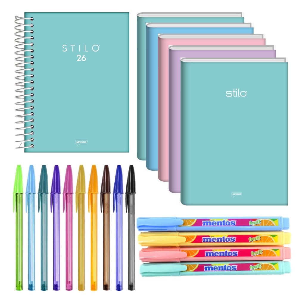 Kit escolar tons pasteis caderno+agenda+caneta+marca texto