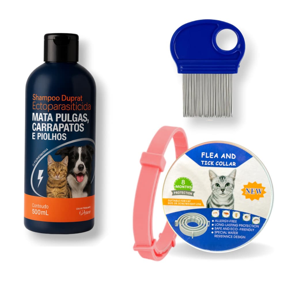 Kit Antipulga para Cães e gatos Shampoo Coleira Antipulga e Pente Proteção e Higiene Pet