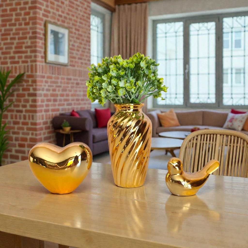 Kit Decoração Vasinho Elegante com Planta  Passarinho e Coração Decoração para Sala Quarto