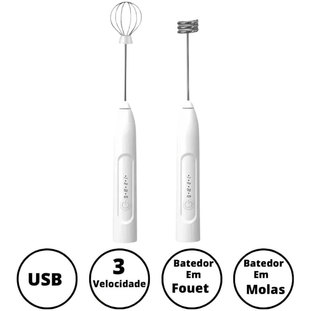 BRANCA - (Premium) Mini Batedor Mixer Elétrico Portátil Bivolt
